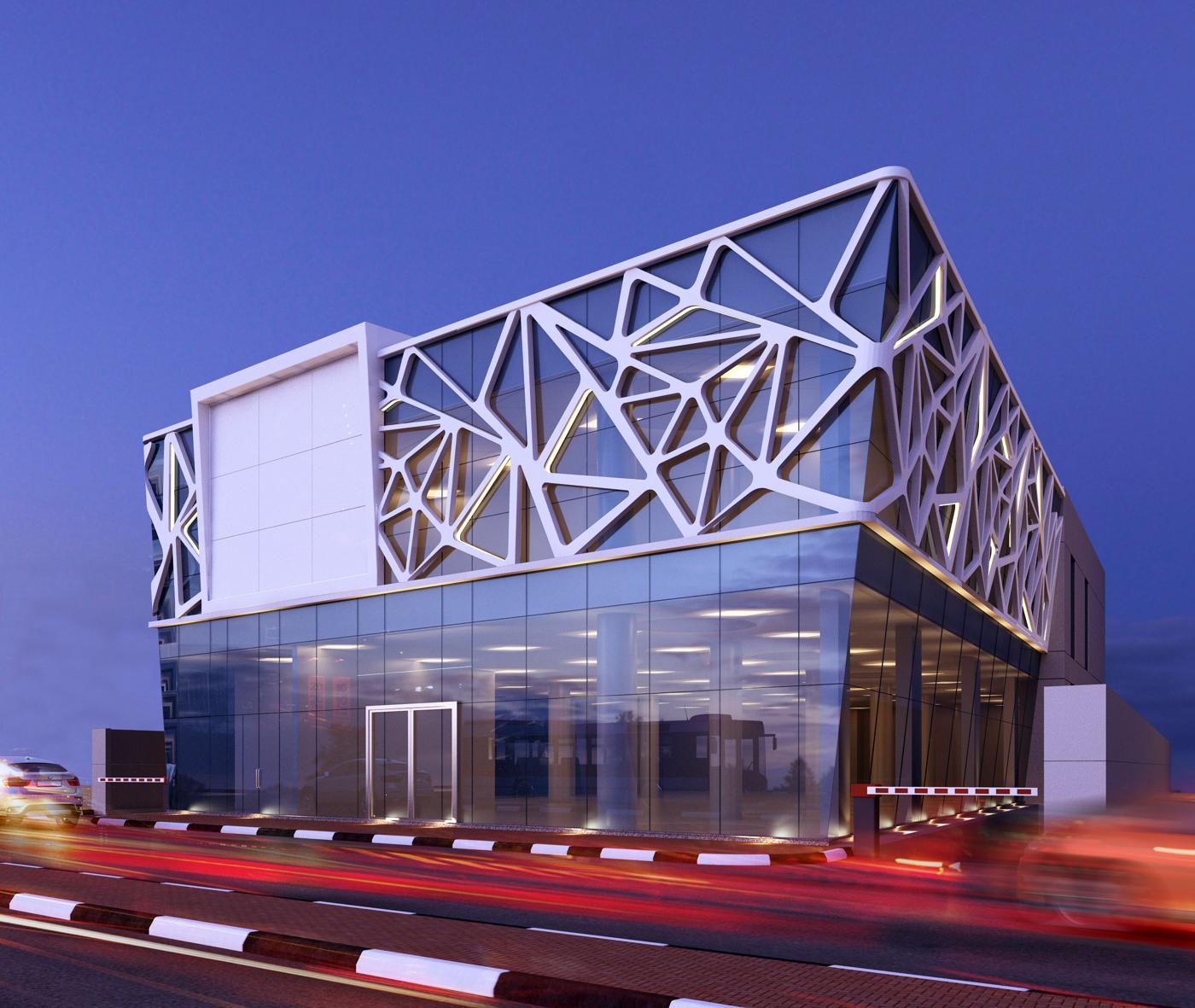 Architectural exterior of JBBC’s commercial showroom and office project on Sheikh Zayed Road
